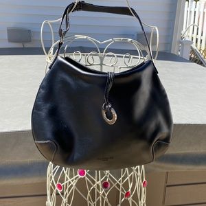 Equippage black leather shoulder bag with adjustable straps and silver hardware